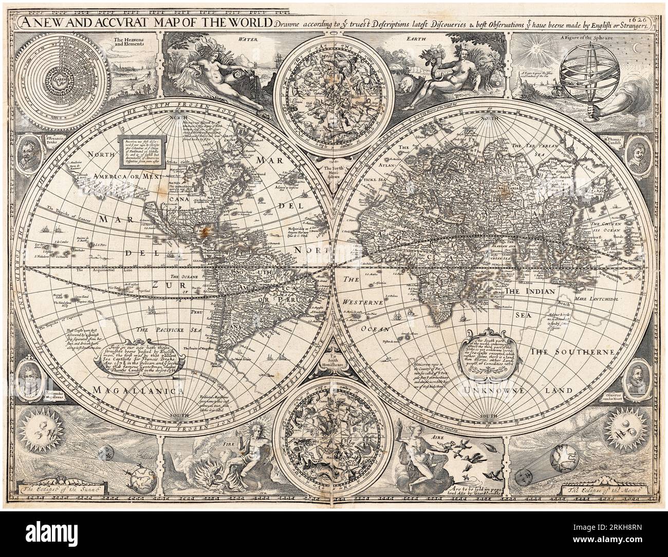 Vintage 17th Century World Map, A New and Accurate Map of the World, by John Speed, 1627 Stock Photo