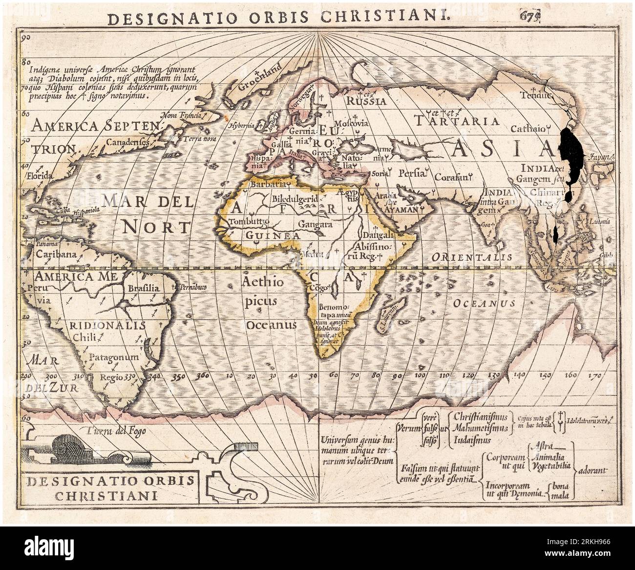 Old 17th Century Dutch Vintage World Map, ’Designation of the Christian World’, print by Jodocus Hondius, 1607 Stock Photo