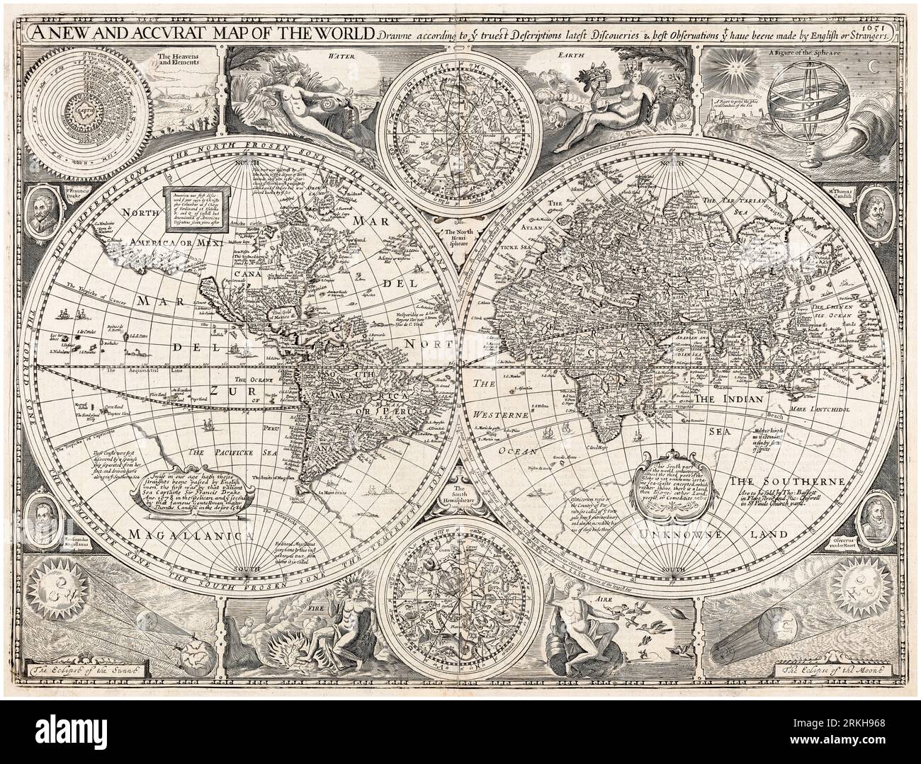 17th Century Vintage World Map, A New and Accurate Map of the World, by John Speed, 1676 Stock Photo