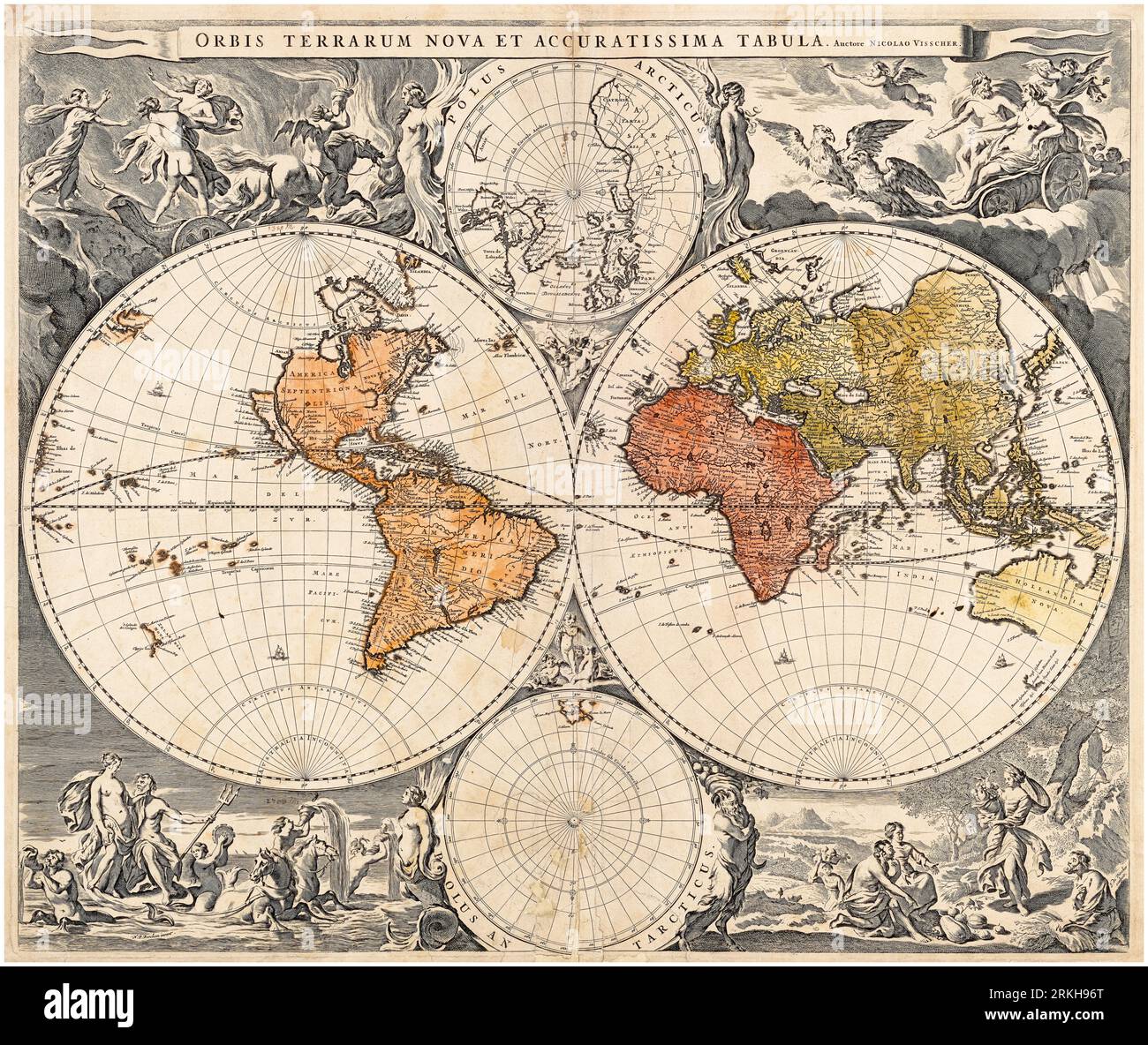 Vintage Dutch World Map, 17th Century print by Nicolaes Visscher, 1658 Stock Photo