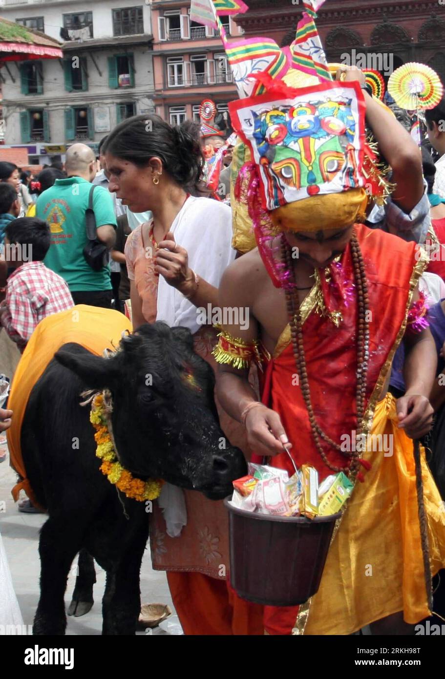 Bildnummer: 55753504  Datum: 14.08.2011  Copyright: imago/Xinhua (110814) -- KATHMANDU, Aug. 14, 2011 (Xinhua) -- A cow leads a procession during the Gai Jatra festival (Cow Festival) in Nepali Capital Kathmandu on Aug. 14, 2011. During this time-honored tradition, of all ages, especially ethnic Newari who mainly live in the Kathmandu Valley, in the guise of cows and lunatics go round the city wearing odd costumes to commemorate those who died in the past year. Family members of those who died in the year offer fruits, bread, beaten rice, curd and money to those participating in the procession Stock Photo