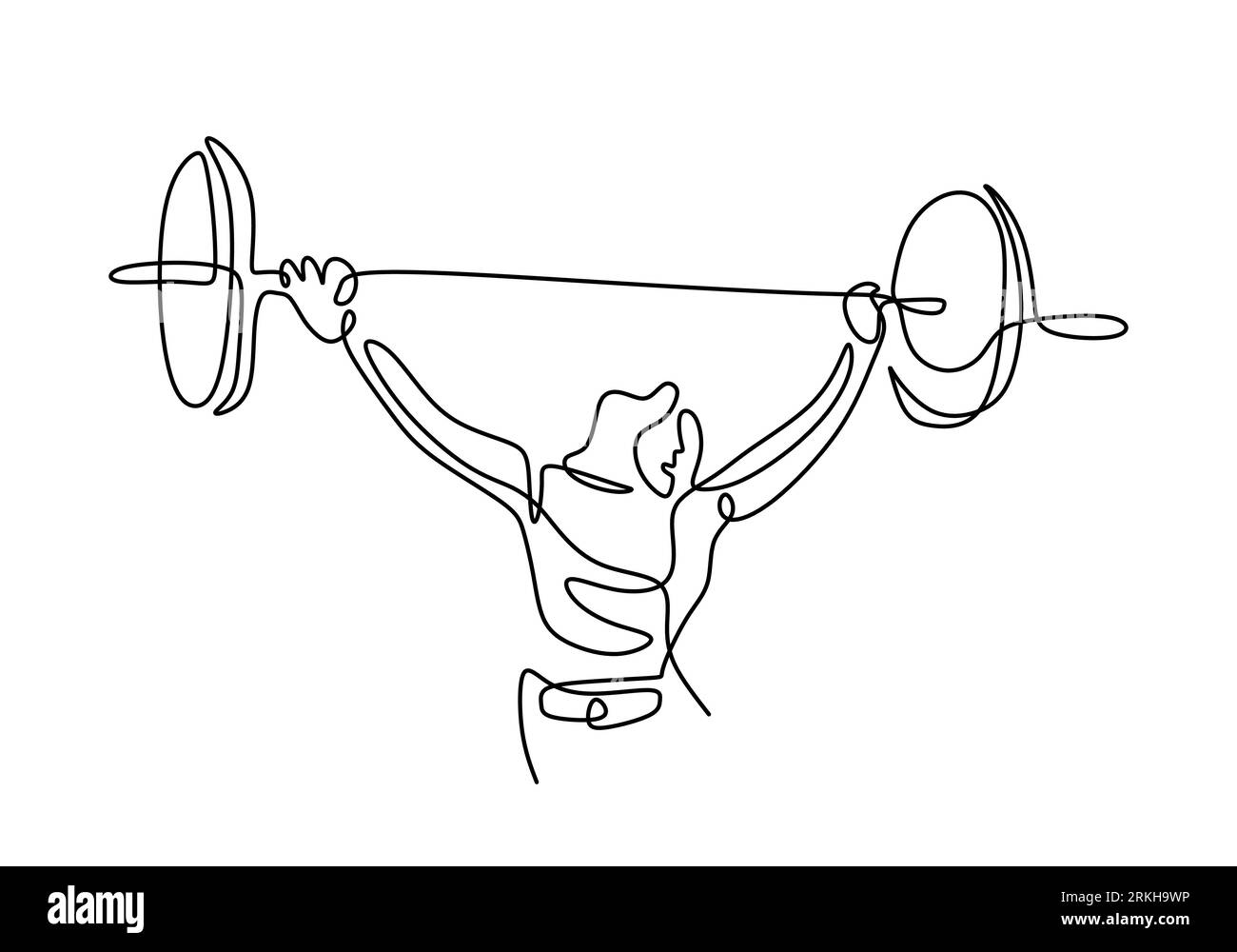 Continuous line drawing of young strong weightlifter woman preparing