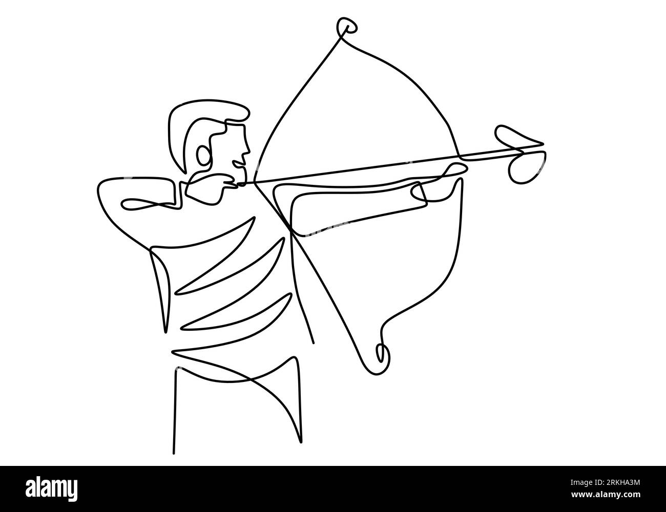 Continuous line drawing of young professional archer man, standing and