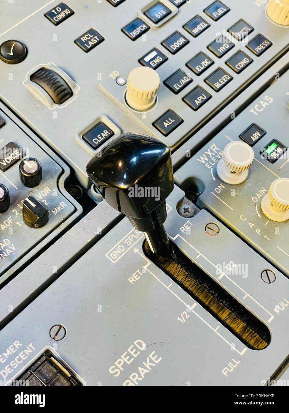 A closeup of an airplane control panel Stock Photo