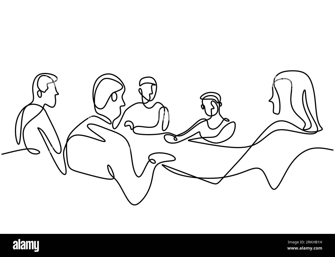 Continuous one line drawing of group of business people having discussion in conference room. Professional young business team is talking new project Stock Vector