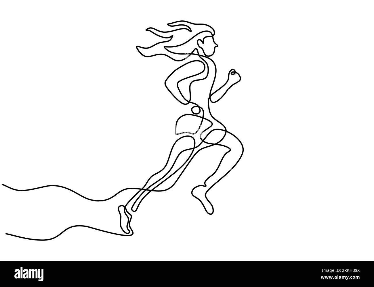 Continuous one line drawing of young woman athlete runner focus sprint run. Character girl running around isolated on white background. Sport and heal Stock Vector