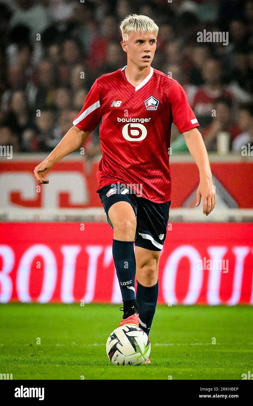 Lille, France. 24th Aug, 2023. Hakon Arnar Haraldsson of Lille during the UEFA Europa Conference League match between Lille Olympique Sporting Club and HNK Rijeka played at Stade Pierre-Mauroy on August 24, 2023 in Lille, France. (Photo by Matthieu Mirville/PRESSINPHOTO) Credit: PRESSINPHOTO SPORTS AGENCY/Alamy Live News Stock Photo