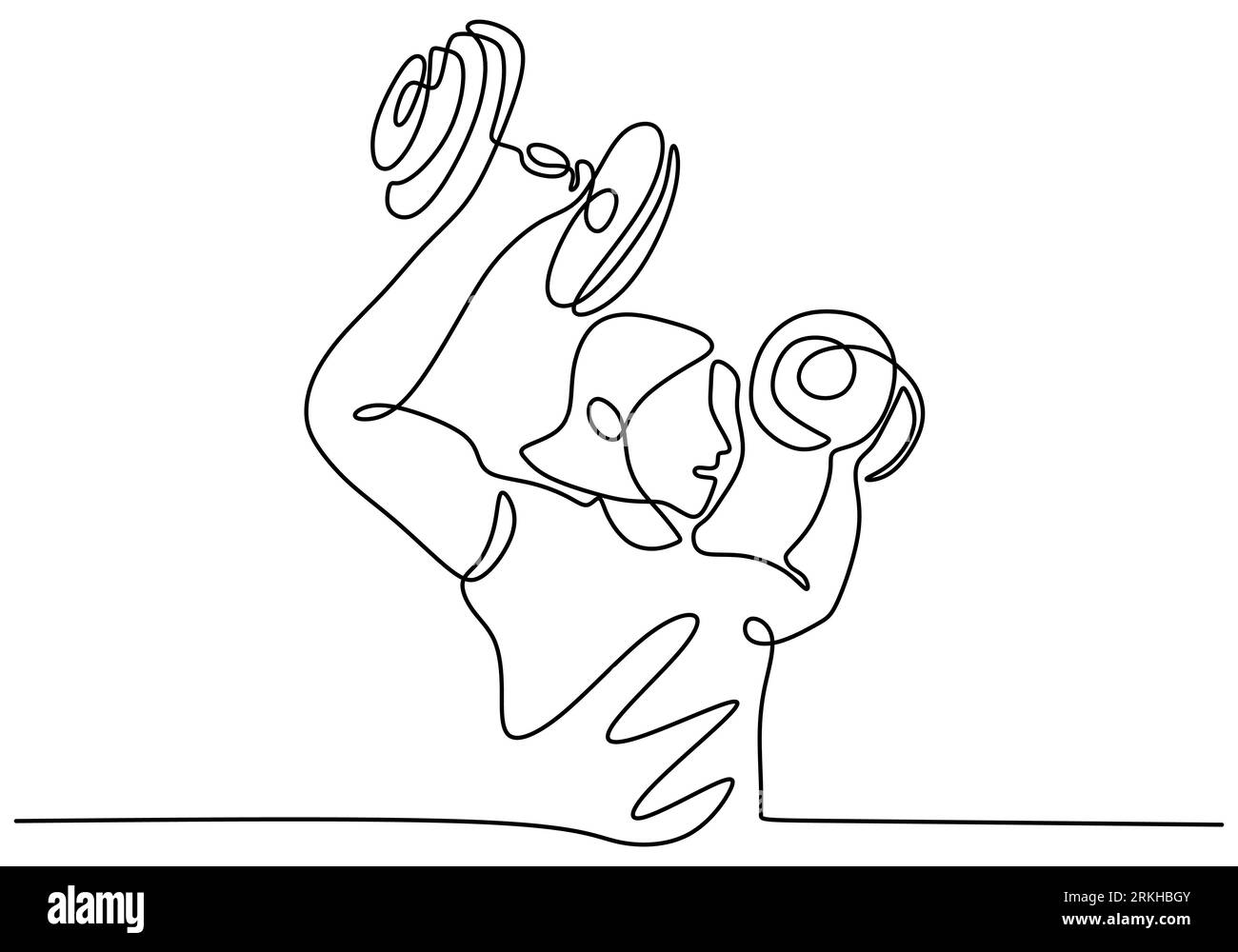 Continuous one line drawing of strong woman lifting weights. Young