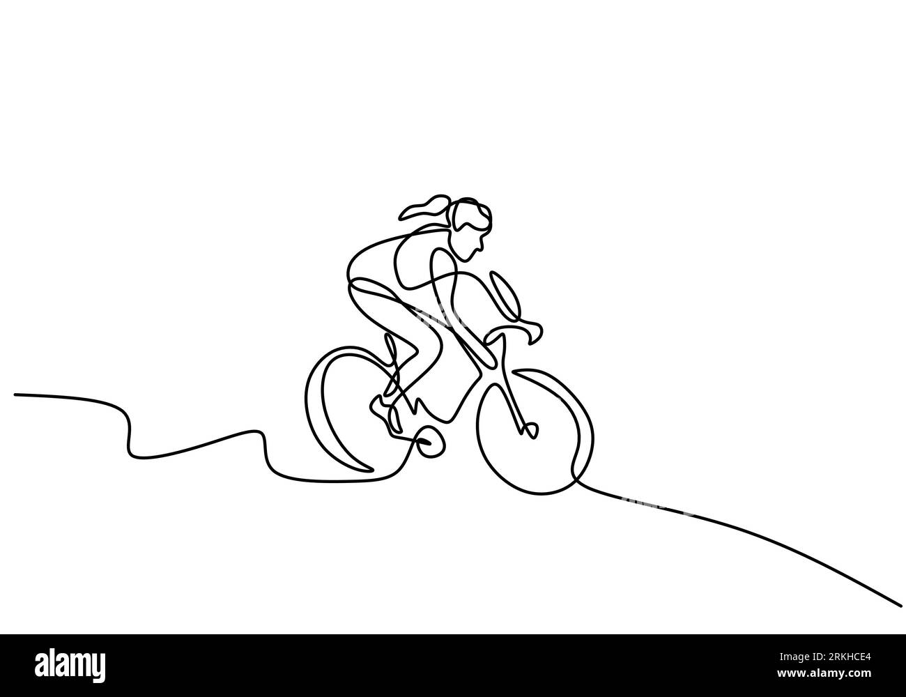 Continuous line drawing of young energetic sporty woman bicycle racer focus train her skill at cycling track. Athletic girl pedaling her bike so fast. Stock Vector