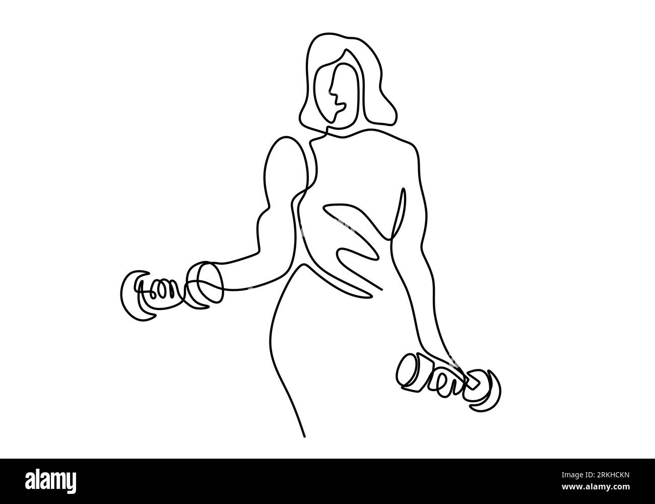Continuous one line drawing of strong woman lifting weights. Young