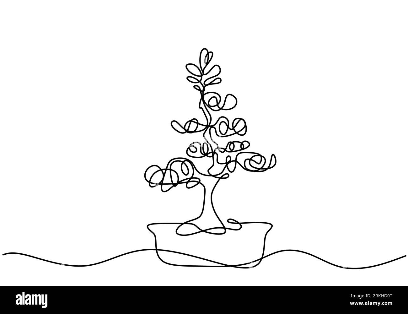 Decorative bonsai tree in pots continuous one line drawing. Old beauty