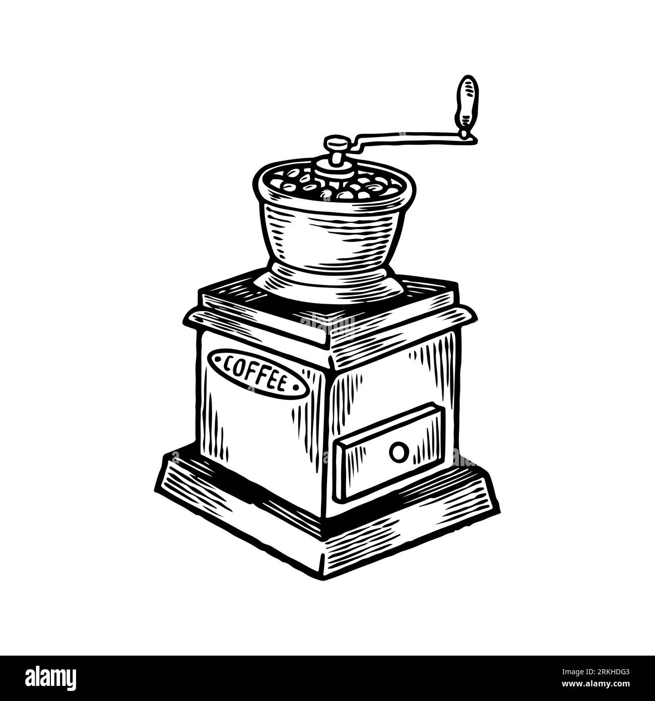 Hand drawn coffee grinder in vintage design beverage store logotype