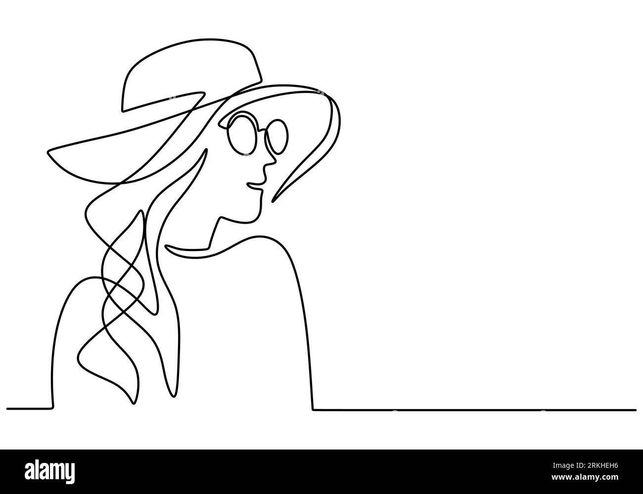 Woman in hat one continuous line art minimalist style. Beauty elegant ...