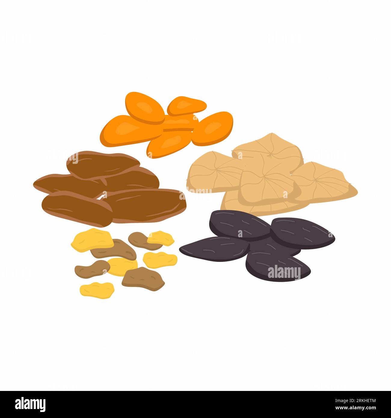 Mix of dried fruits nuts and seeds isolated on a white background. Vegetarian, healthy organic food concept. Vector icon illustration of natural sweet Stock Vector
