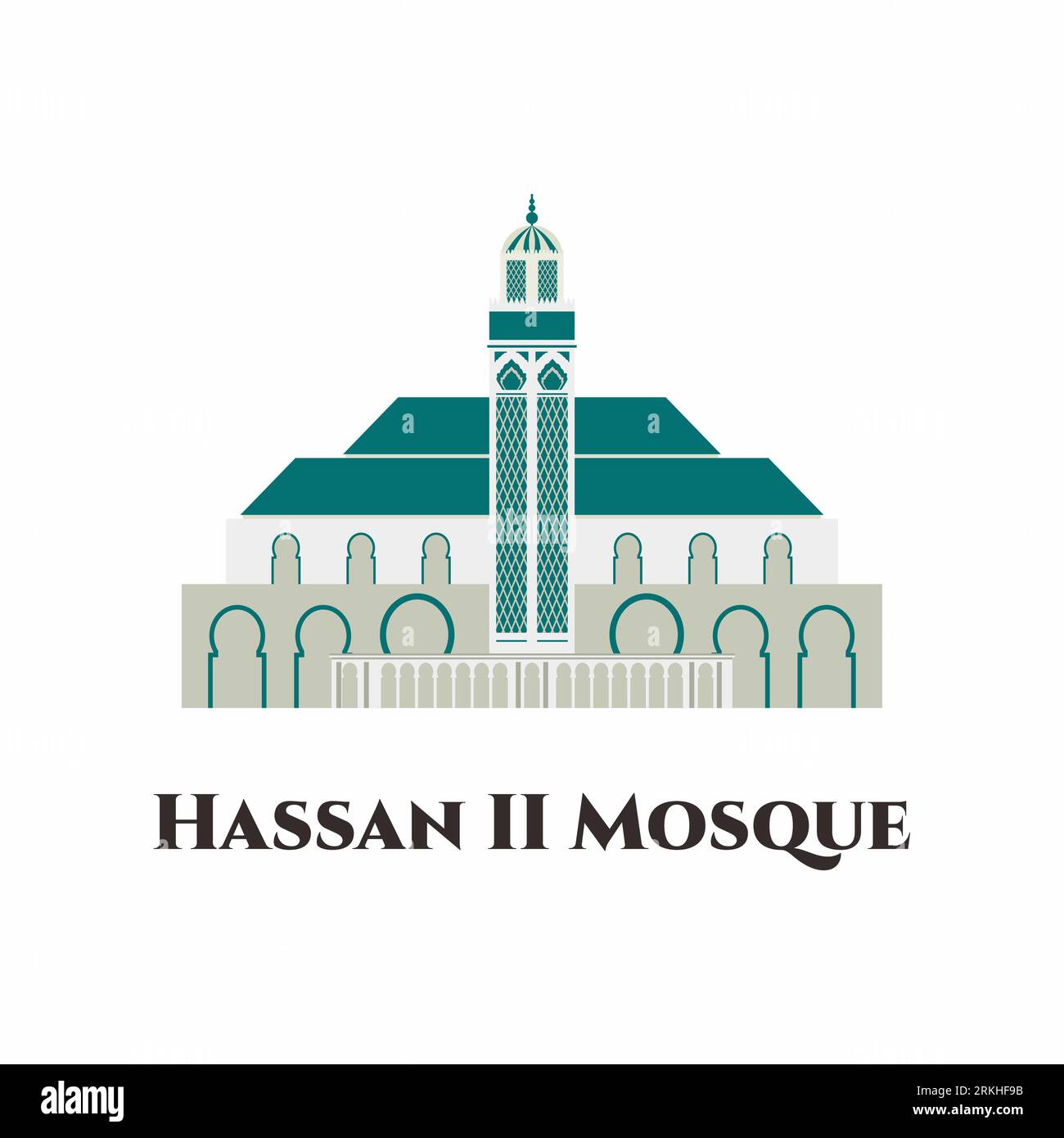 Hassan II Mosque in Morocco vector flat icon. It is the second largest functioning mosque in Africa and is the 7th largest in the world. Recommended f Stock Vector