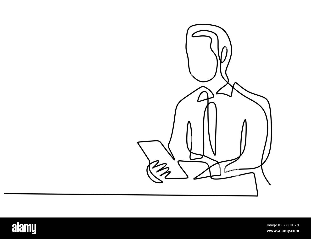 Continuous single line drawing of young professional businessman wearing a suit and mask while carrying a folder or smartphone tablet isolated on whit Stock Vector