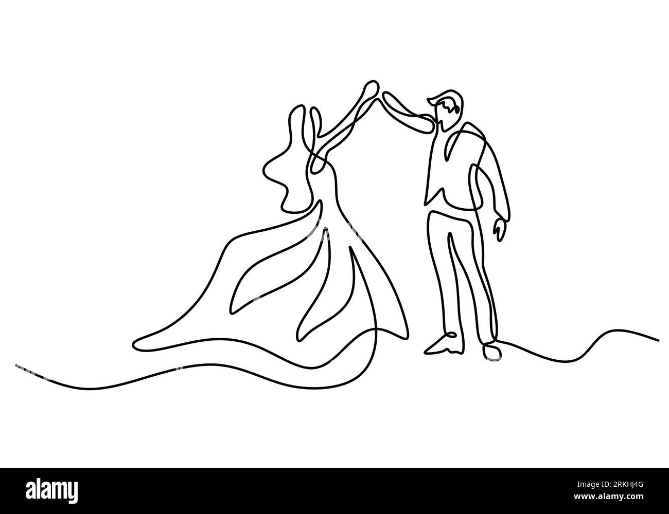 Continuous one line drawing of couple dance isolated on white background. Man with tuxedo and woman with elegant gown doing romantic dancing minimalis Stock Vector