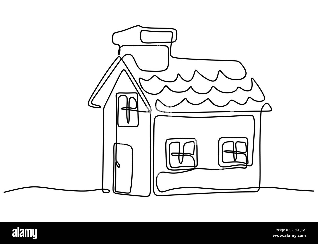 One continuous line drawing of simple house with a chimneys. Family home minimalist sketch linear design isolated on white background. Home exterior c Stock Vector