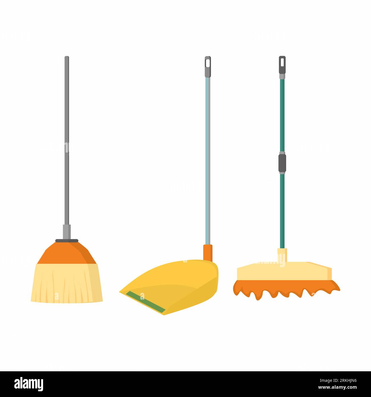 Broom, mop and dustpan vector cartoon flat icons. Household and house cleaning tools concept. Set of cleaning house supplies isolated on a white backg Stock Vector
