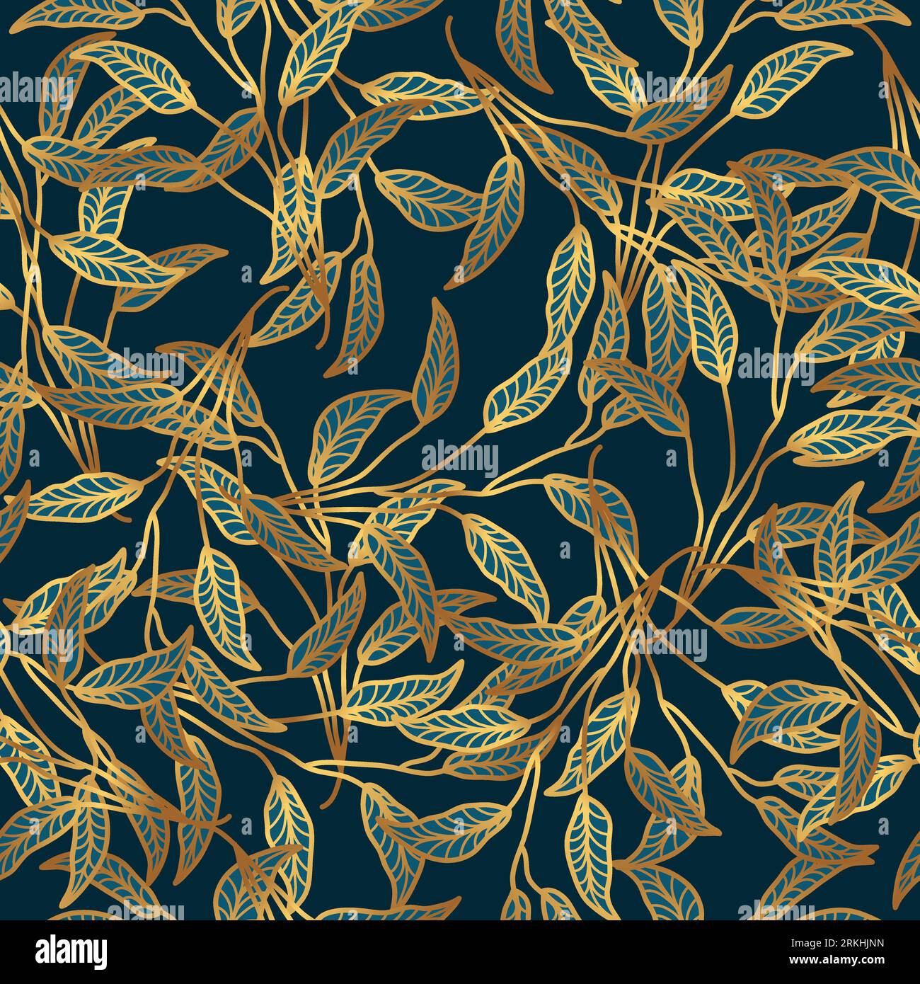 Luxury Blue and Gold Flower Pattern. Hand Drawn Seamless Floral Pattern ...