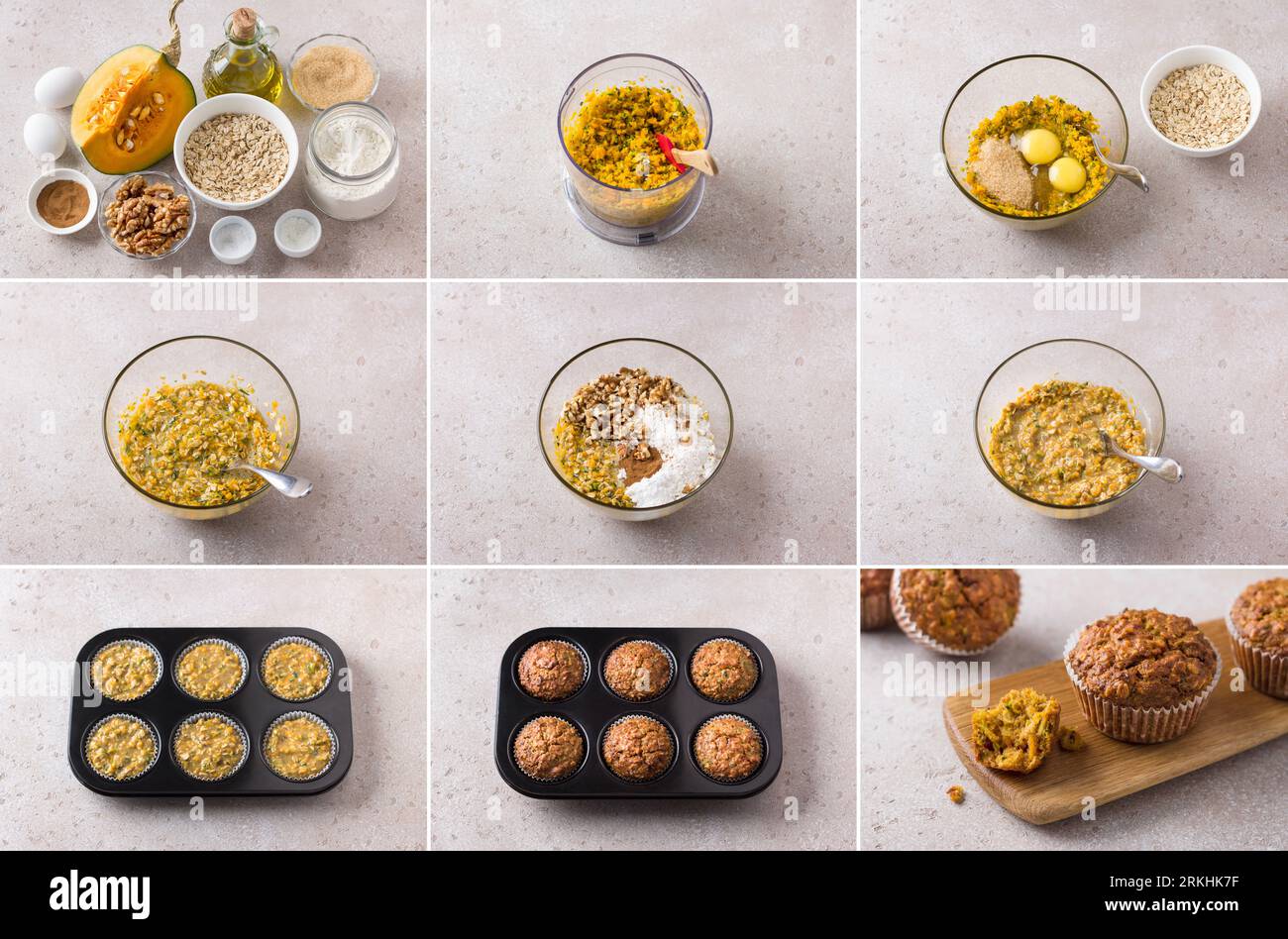 Cooking pumpkin muffins with oatmeal and nuts, collage, do it yourself, step by step, ingredients, cooking steps, final dish on a light beige stone ta Stock Photo