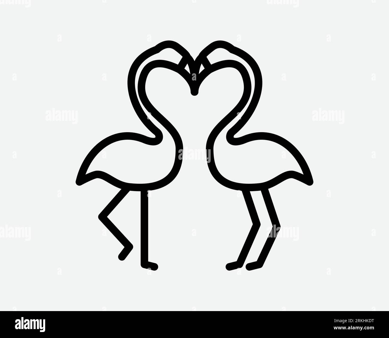 Flamingo Line Icon Two Bird Love Lover Pair Romance Romantic Wildlife Animal Zoo Nature Together Cartoon Black White Outline Shape Sign Symbol Vector Stock Vector
