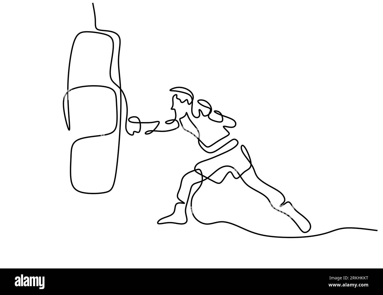 One continuous line drawing of young sporty man boxer hit the punching bag. Competitive combat sport concept. Vector illustration for boxing match pro Stock Vector