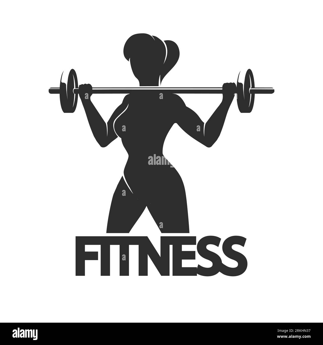 Fitness Club or athletic Emblem with Woman Holds Barbell isolated on white. Vector illustration. Stock Vector