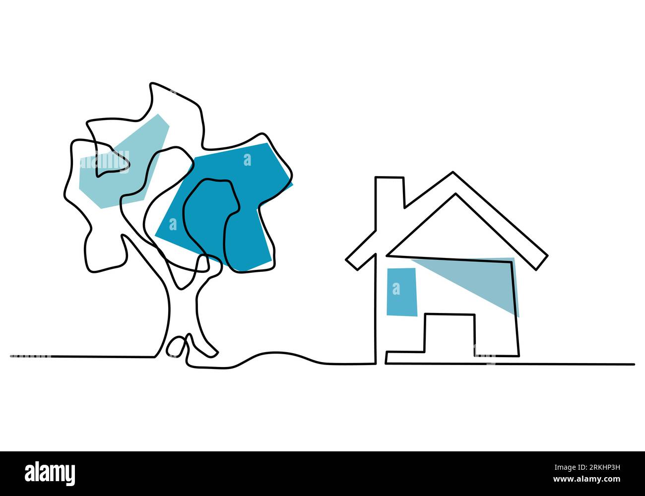 Continuous one line drawing of a little house with garden trees at ...