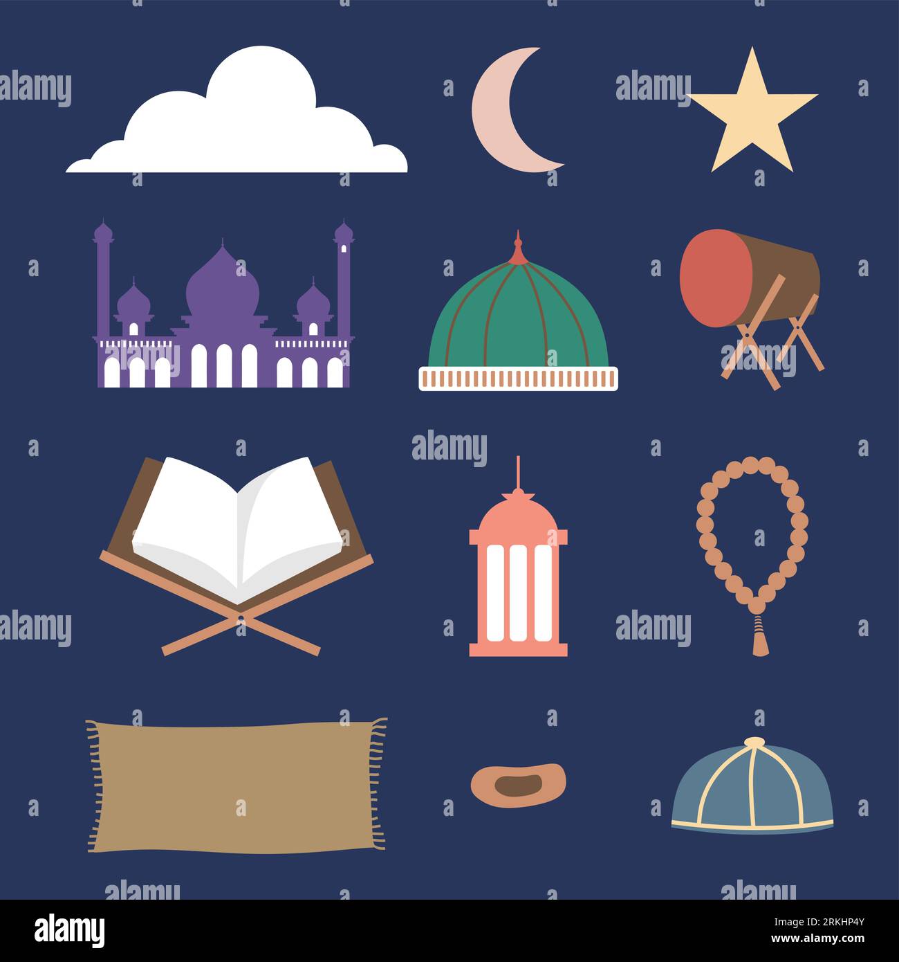 Set of ramadhan stuff such as drum, mosque dome, prayer beads, dates, cap, veil, prayer mat, mukena, Al-Qur'an, lantern isolated on navy blue backgrou Stock Vector