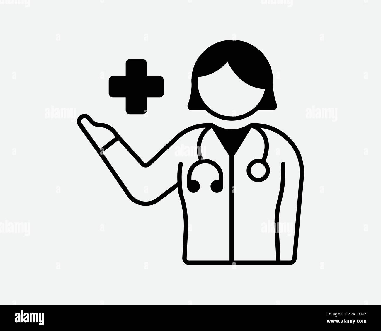 Female Doctor Icon Woman Lady Girl Nurse Healthcare Worker Physician Medic Medical Officer Specialist Black White Outline Clipart Vector Sign Symbol Stock Vector