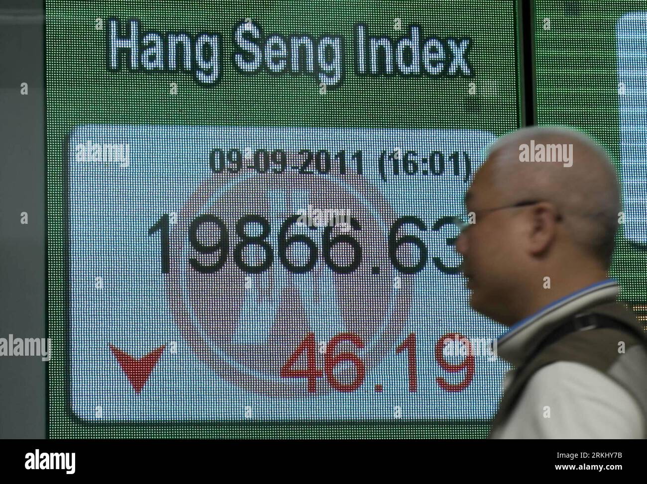 Bildnummer: 55932515  Datum: 09.09.2011  Copyright: imago/Xinhua (110909) -- HONG KONG, Sept. 9, 2011 (Xinhua) -- A pedestrian walks past an electronic panel showing the Hang Seng Index in Hong Kong, south China, Sept. 9, 2011. Hong Kong s Hang Seng Index dropped by 46.19 points, or 0.23 percent, to close at 19,866.63 points on Friday. (Xinhua/Lui Siu Wai) (llp) CHINA-HONG KONG-STOCK-DOWN (CN) PUBLICATIONxNOTxINxCHN Wirtschaft Börse Abschwung Baisse Aktienindex Anzeigetafel x0x xtm 2011 quer      55932515 Date 09 09 2011 Copyright Imago XINHUA  Hong Kong Sept 9 2011 XINHUA a Pedestrian Walks P Stock Photo