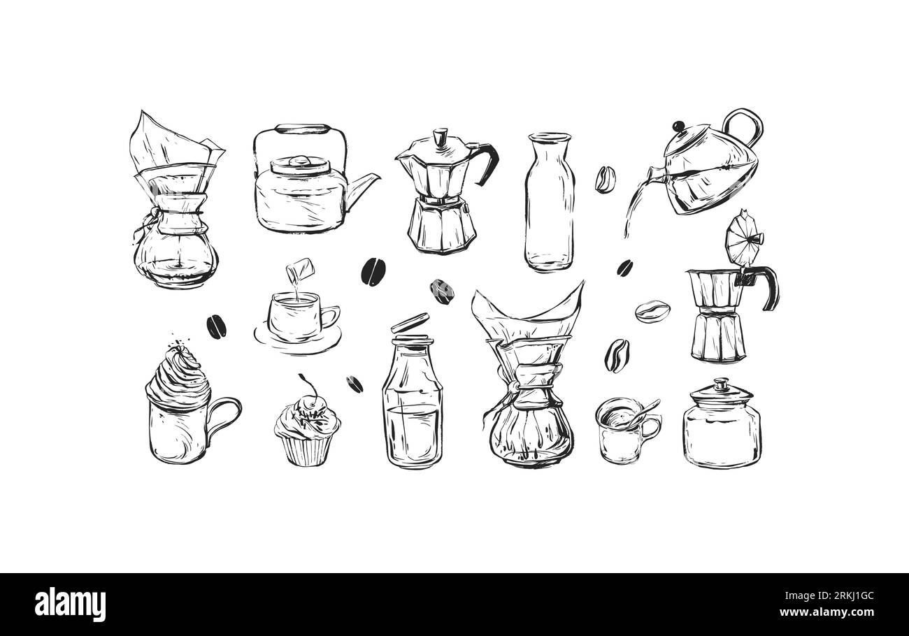 Set of coffee elements, kettle, mug and cups . Trending vector ink sketch drawing illustrations set for coffee shop and restaurant menu. Hand drawn Stock Vector