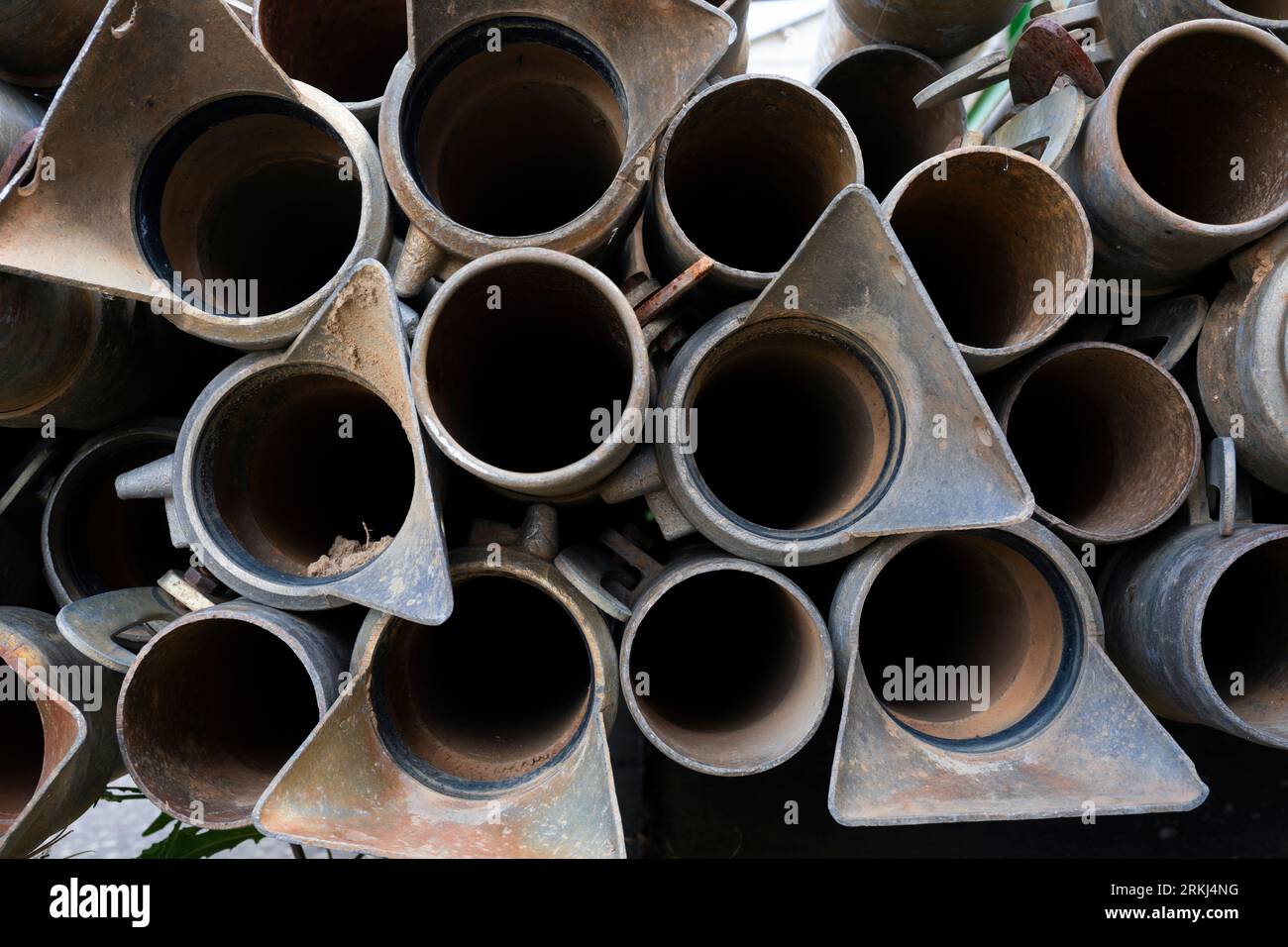 Europe, Spain, Castile and León, Olleros de Pisuerga, Olleros de Pisuerga, Stack of old Down-pipes for Guttering System (Drain Pipes) Stock Photo