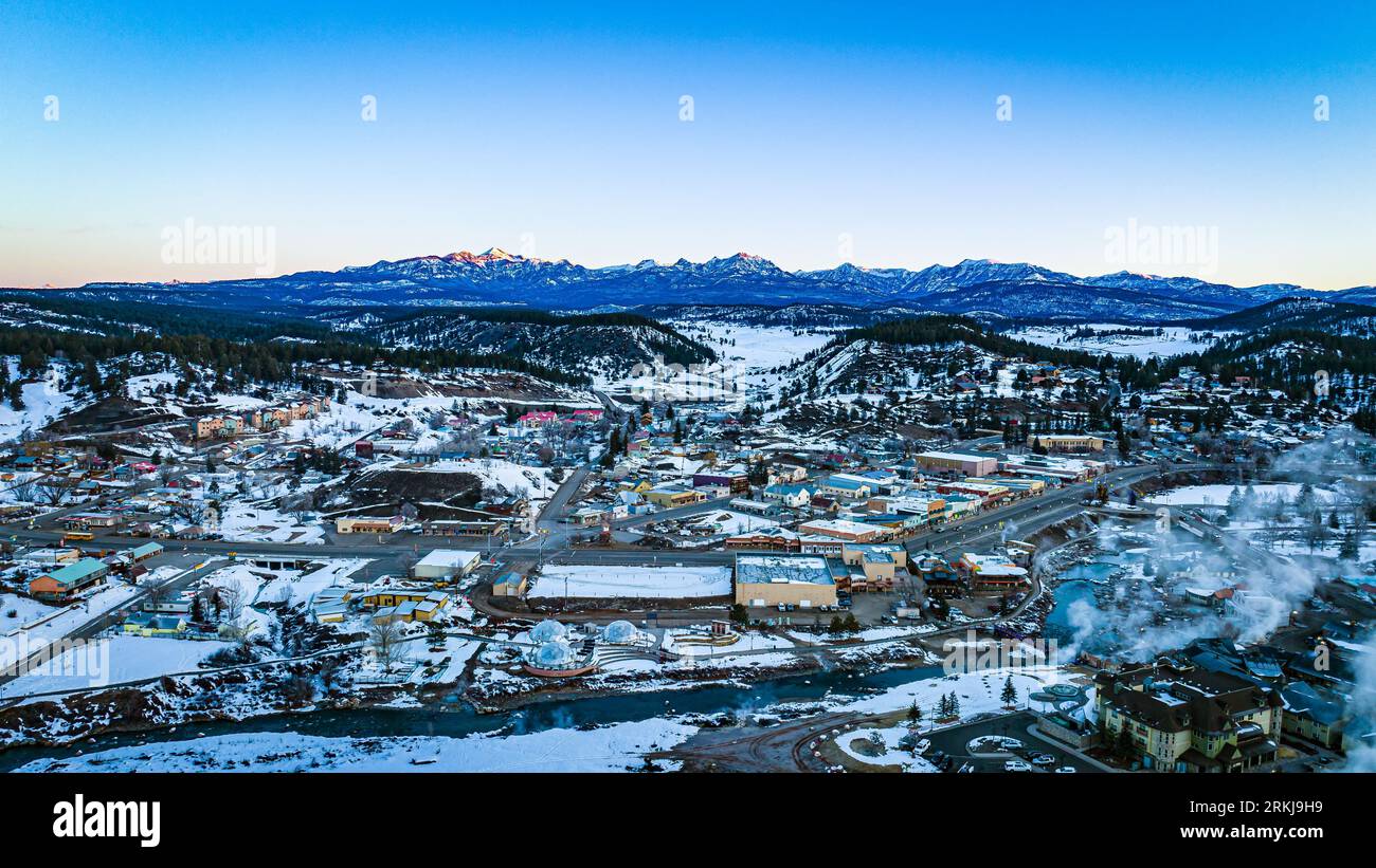 An aerial view of the Pagosa Springs Colorado Mountains and nearby