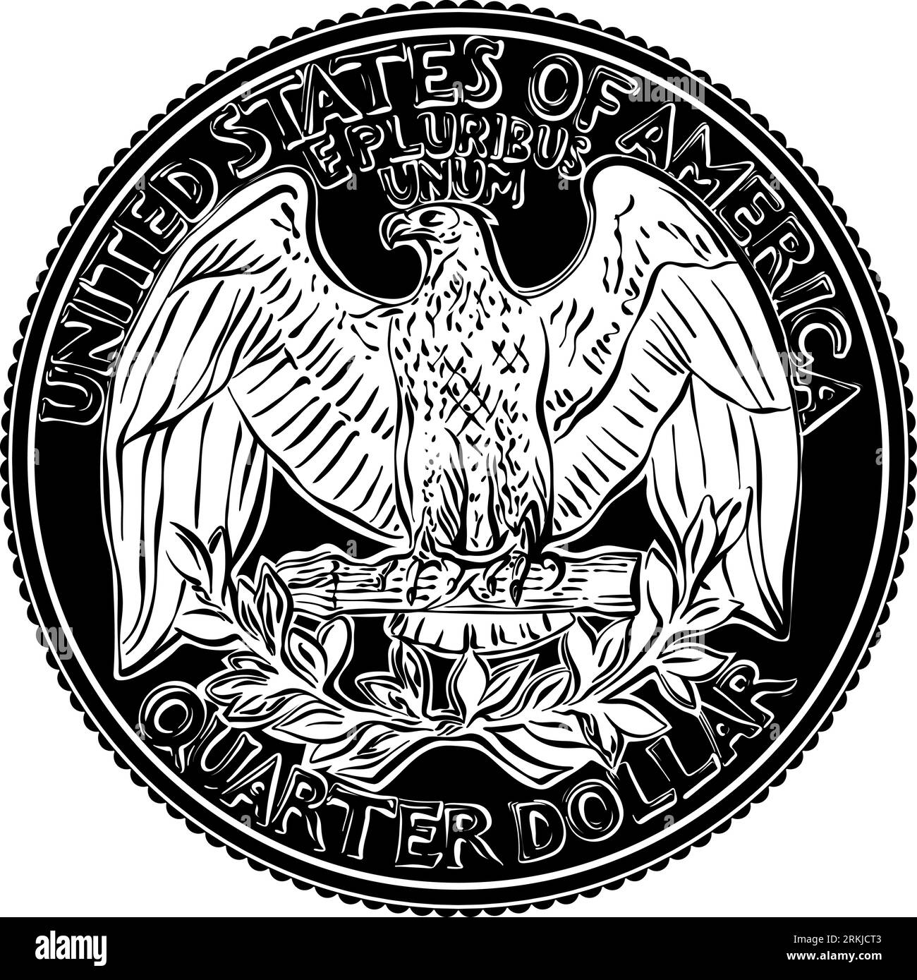 American money, USA Washington quarter dollar, Bald eagle on reverse. Black and white image Stock Vector