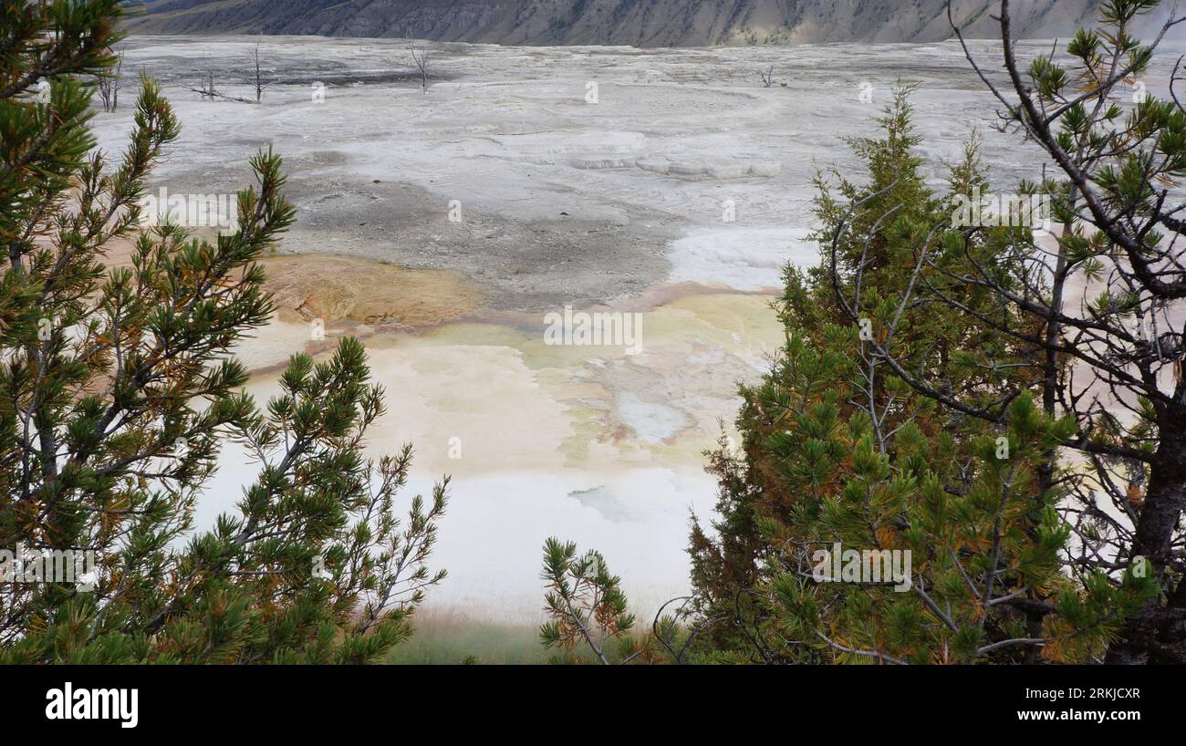 A picturesque landscape featuring a natural hot spring with its telltale steam rising into the air Stock Photo