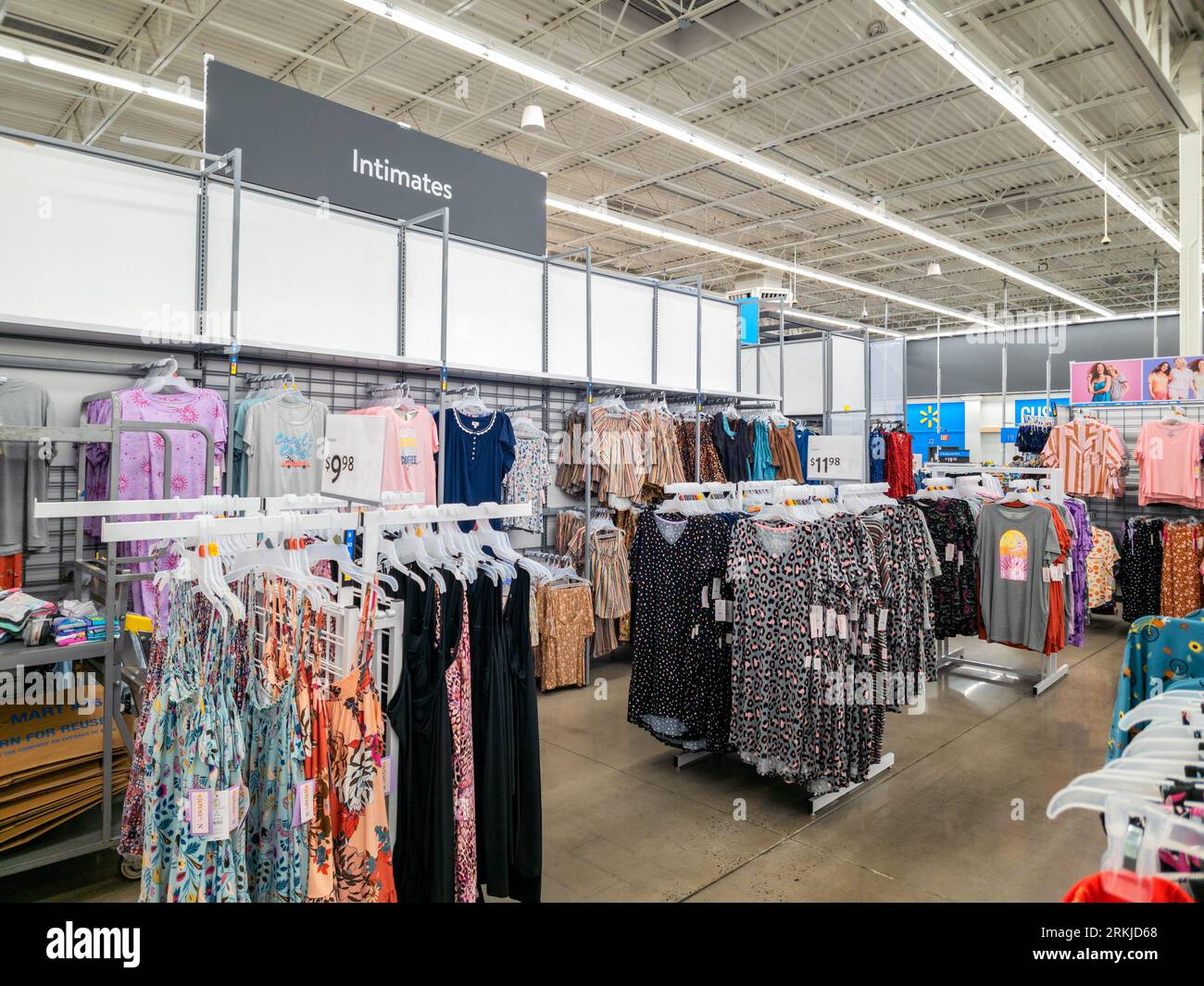 New Hartford, New York - Aug 22, 2023: Close-up View of Intimates Section of the Women's Clothes Department Walmart Super Center. Stock Photo