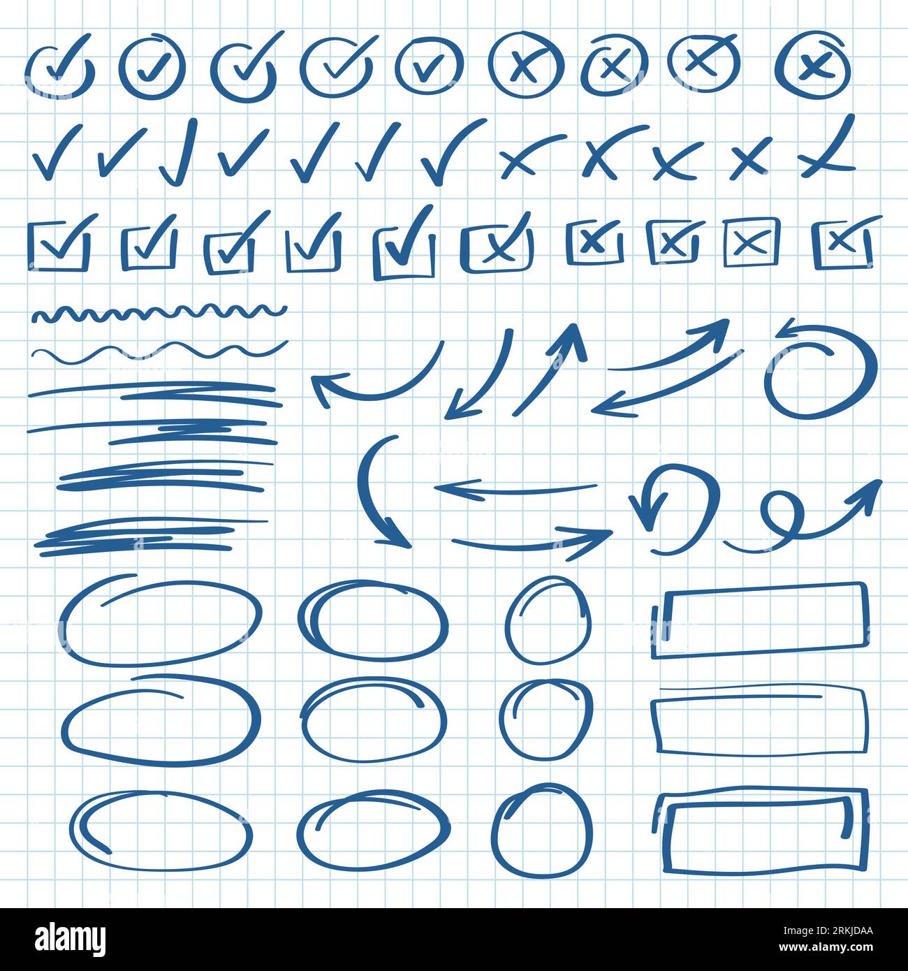 Hand-drawn Real YES And NO Signs, OK And X Symbol Icons, Tick And Cross,  Check Mark Approval, Cross Sign Reject, Calligraphic. Blue Realistic Sign  Made By Pen In Black Square Box Border
