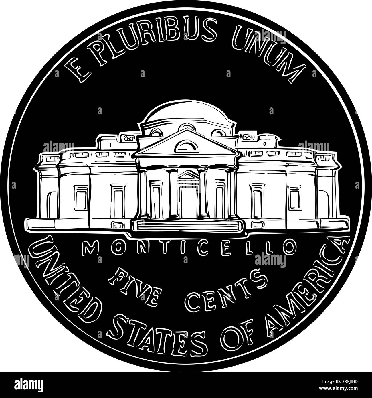 Reverse of Jefferson nickel, American money, USA five-cent coin, black and white Stock Vector