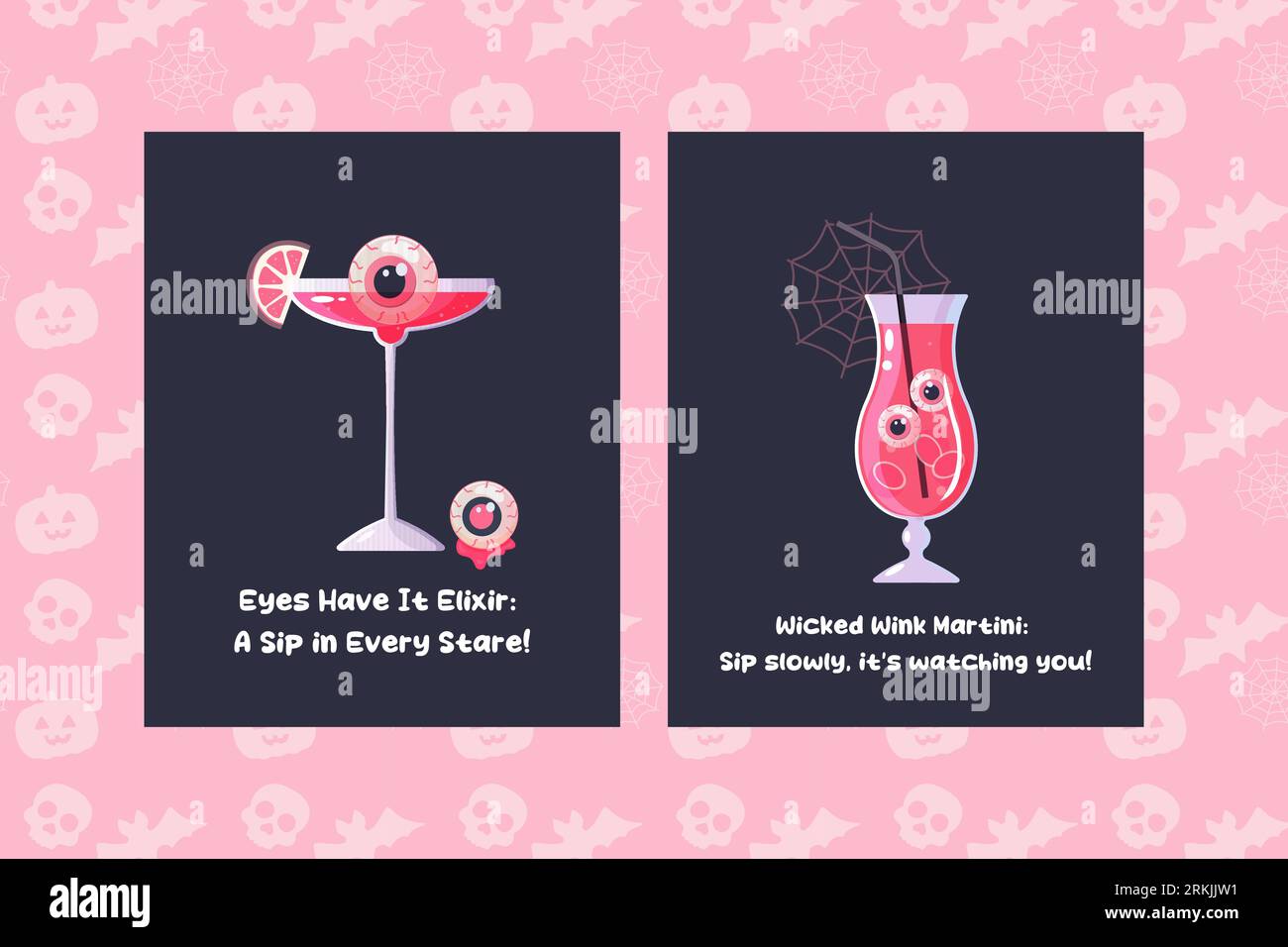 Pink Halloween poster, cocktail, girl, caption, lettering, funny caption. Vector illustration Stock Vector