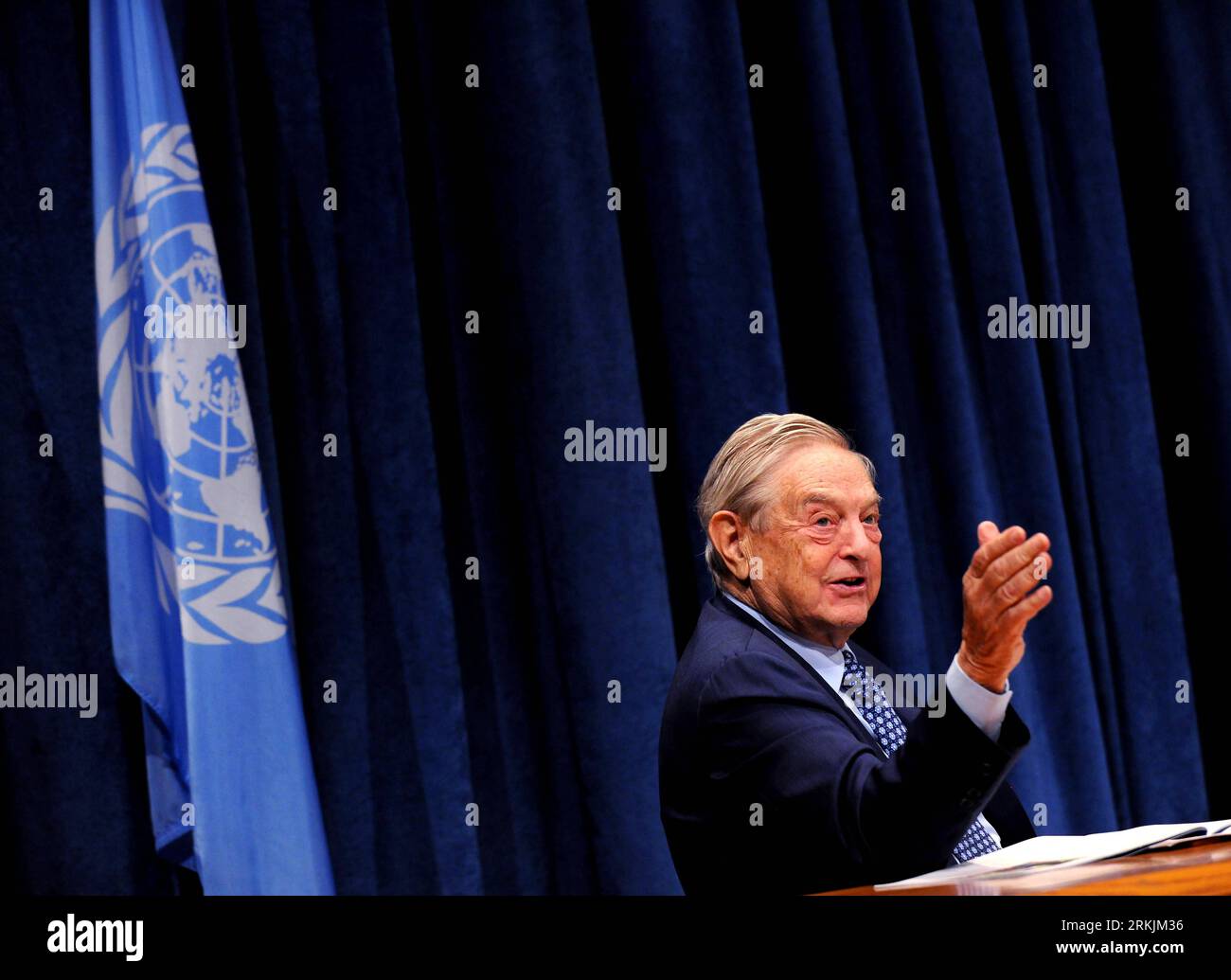 George Soros, 90. Geburtstag am 12. August 111003 -- NEW YORK, Oct. 3, 2011 Xinhua -- George Soros, founder and chairman of the Open Society Foundations, attends a news conference at the UN headquarters in New York, the United States, Oct. 3, 2011. The Millennium Villages Project, a science-based partnership in rural Arrica working to achieve the Millennium Development Goals, launched its second phase here Monday. The program will move into its next and final phase with more than 72 million U.S. dollars in new pledges, including 47.4 million U.S. dollars announced today by Soros. Xinhua/Shen H Stock Photo