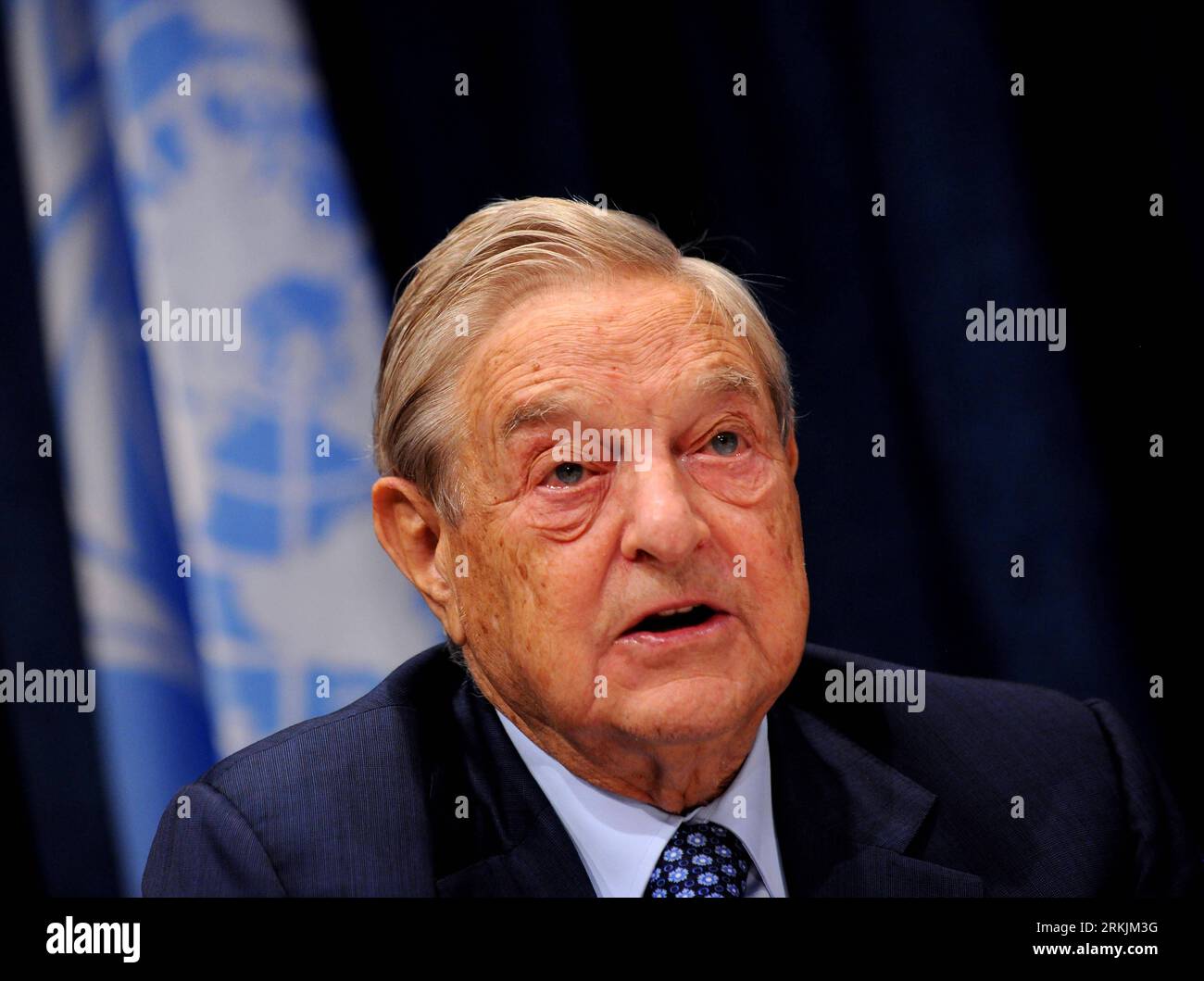 George Soros, 90. Geburtstag am 12. August 111003 -- NEW YORK, Oct. 3, 2011 Xinhua -- George Soros, founder and chairman of the Open Society Foundations, attends a news conference at the UN headquarters in New York, the United States, Oct. 3, 2011. The Millennium Villages Project, a science-based partnership in rural Arrica working to achieve the Millennium Development Goals, launched its second phase here Monday. The program will move into its next and final phase with more than 72 million U.S. dollars in new pledges, including 47.4 million U.S. dollars announced today by Soros. Xinhua/Shen H Stock Photo