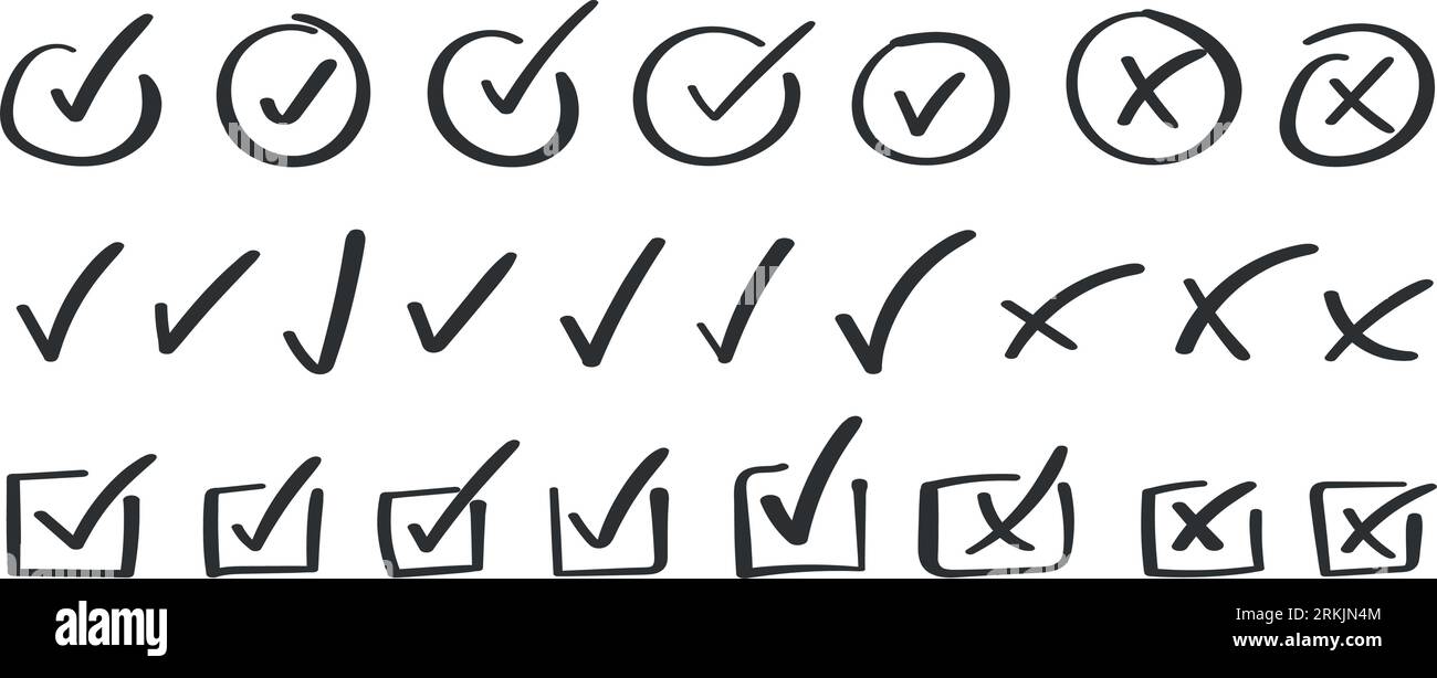 Check mark icon in hand drawn style. Handmade doodle vector illustration on isolated background