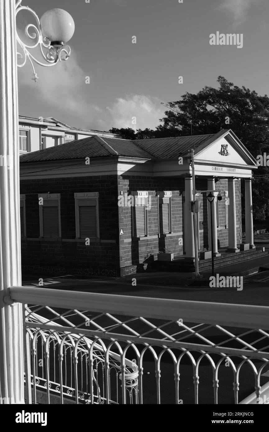 The Carnegie Library is located in the centre of the town of Curepipe. Its construction started in 1917 by Messrs. Hall, Genève and Langlois. Stock Photo