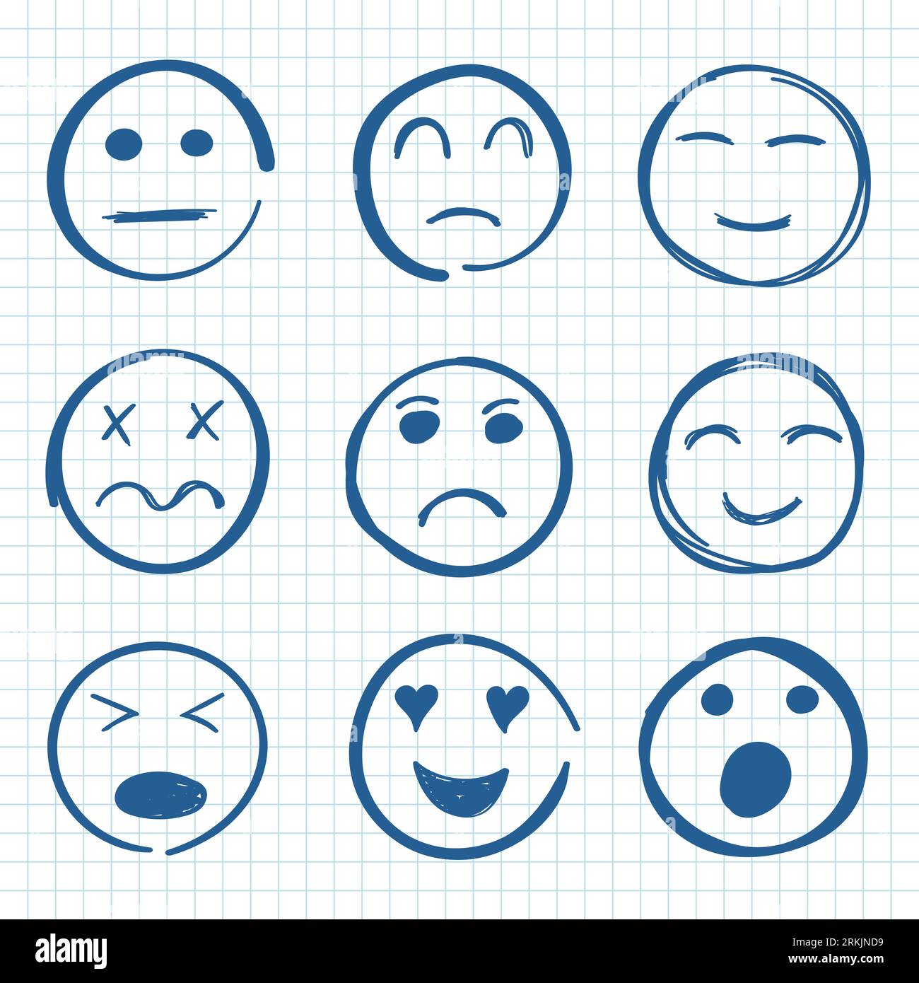 Emojis faces icon in hand drawn style. Doddle emoticons vector illustration on isolated background. Happy and sad face sign business concept. Stock Vector