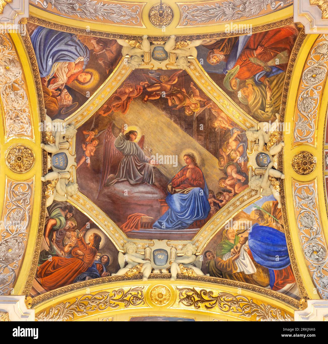 GENOVA, ITALY - MARCH 6, 2023: The fresco of Annunciation and New Testament scenes in the church Chiesa di Nostra Signora della Consolazione Stock Photo
