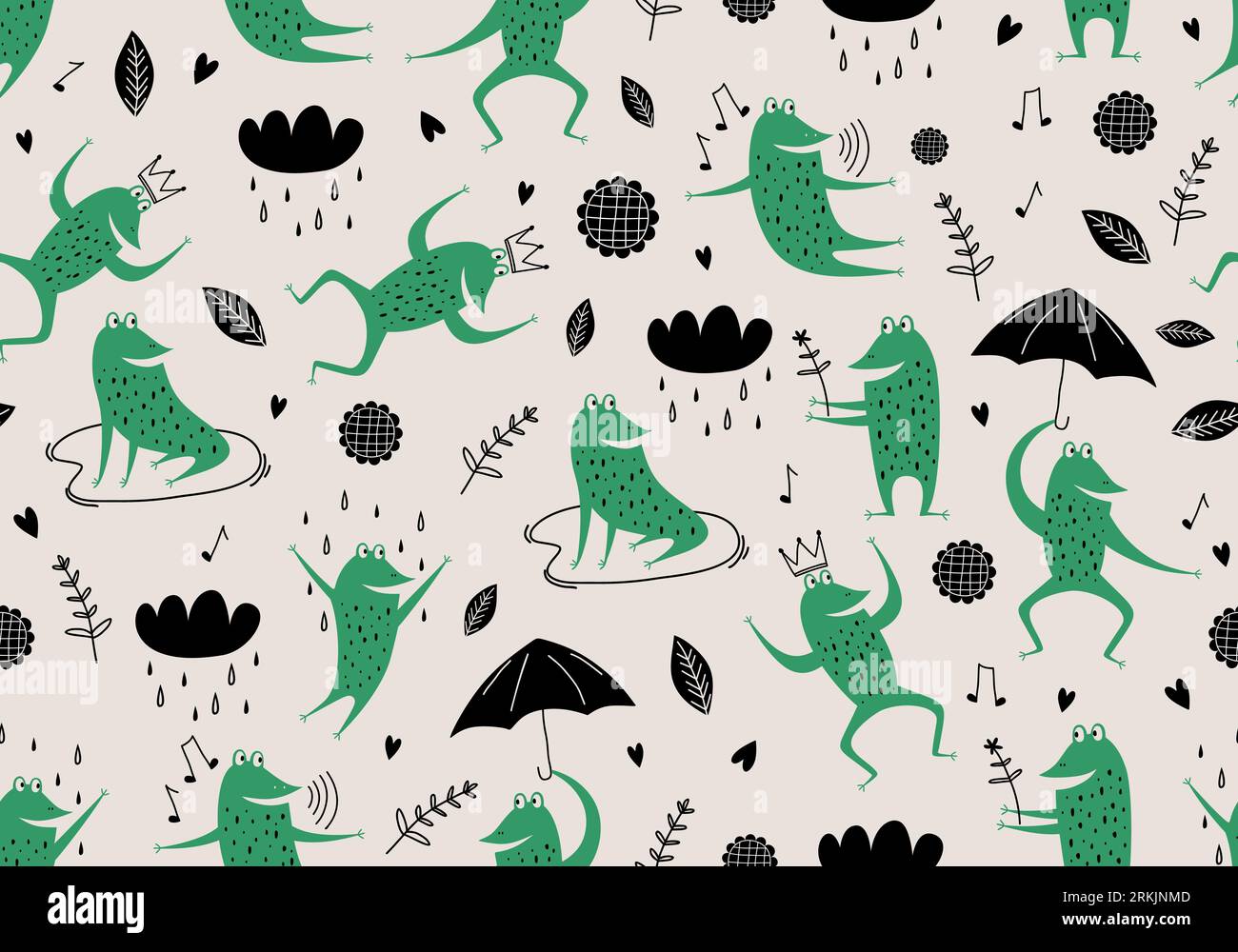 Hand drawn seamless pattern of frogs, cloudy fog, rainy cloud and black umbrella with childish drawing style. Seamless background for textiles, fabric Stock Vector
