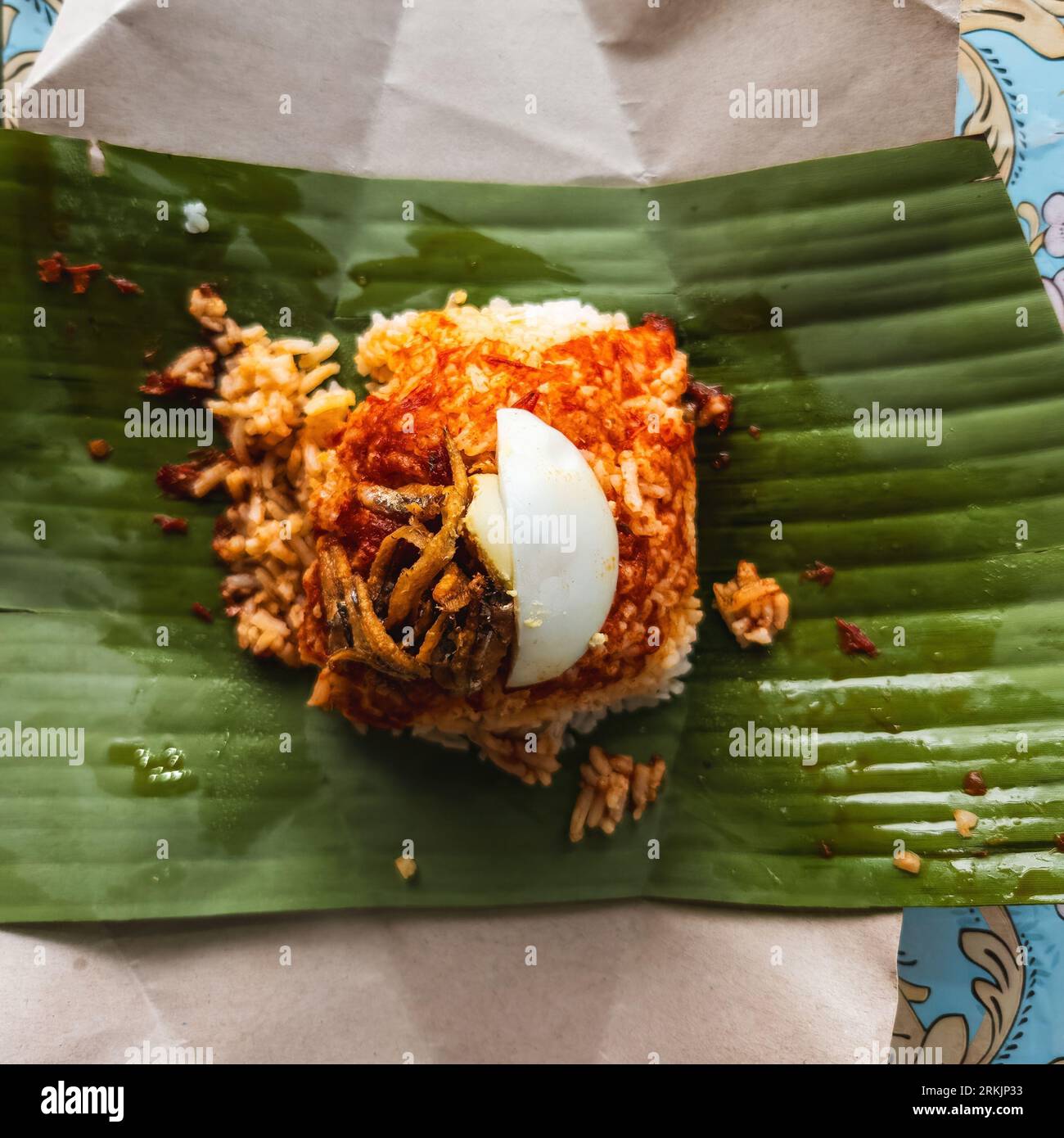 A top view of a traditional Malaysian dish Nasi Lemak, with rice cooked in coconut milk Stock