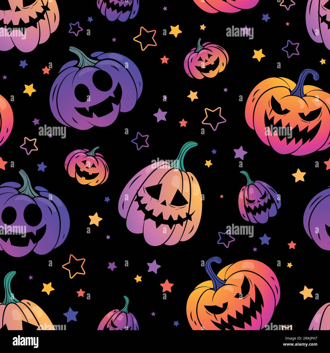 Halloween seamless pattern with black background and carved neon pumpkins. Stock Vector